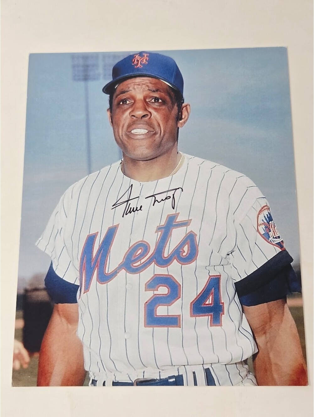 Willie Mays Signed Color Baseball Photograph Wearing New York Mets Uniform